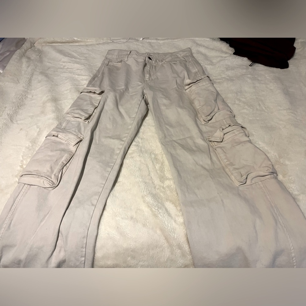 Cream, baggy cargo pants, super cute and longer.